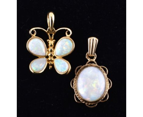 Two hallmarked 9ct gold and opal necklace pendants. The lot to include a hallmarked 9ct gold necklace pendant in the form of 