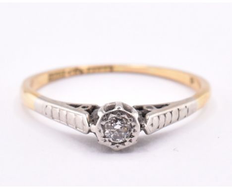 18ct gold and platinum single stone diamond ring. Estimated dia weight approx 0.10cts. Stamped 18ct PLAT. Sponsors mark HS. W