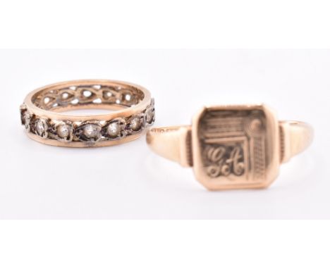 A hallmarked 9ct gold 375 signet and eternity ring. The signet ring hallmarked Birmingham with engine-turned monogram cartouc