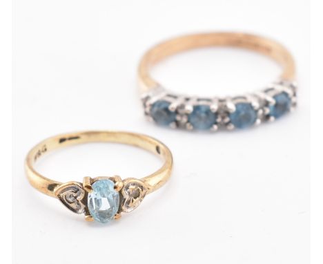 Two 9ct gold and gem set rings. A hallmarked 9ct gold, aquamarine and diamond four stone ring, hallmarked for London, 1990. A