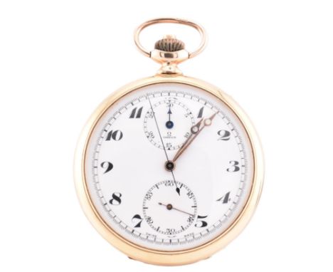 A hallmarked 9ct gold Omega twin dial chronograph pocket watch. The Omega pocket watch having Arabic numerals, Breguet hands,