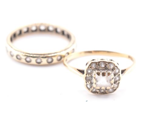 Two 9ct gold and white stone rings. The rings to include a hallmarked 9ct gold and white stone cluster ring, hallmarked for L