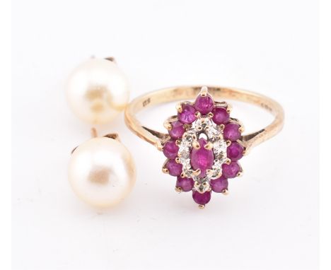 A hallmarked 9ct gold ruby and diamond navette ring and a pair of 9ct gold and pearl stud earrings. The lot to include 9ct ye