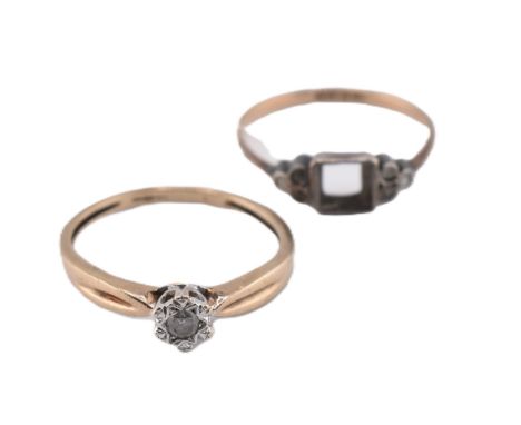 A hallmarked 9ct gold and diamond solitaire ring and a 9ct gold and silver ring AF. The lot to include a hallmarked 9ct gold 