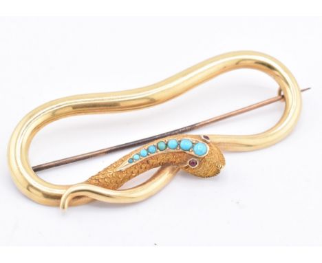 A Victorian 15ct gold and turquoise snake brooch pin. The Victorian brooch pin in the form of a serpent having textured scale