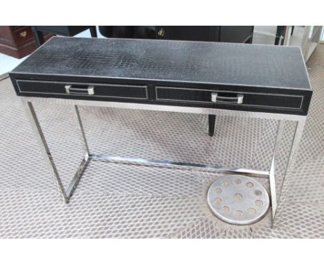 CONSOLE TABLE, faux crocodile black leather with two drawers on steel supports, 111cm x 37cm x 76cm H. (with faults)