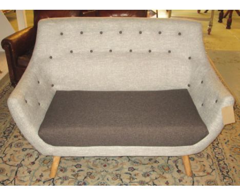 SOFA, by Heal's in 1950's style with two tone buttoned grey fabric on light oak legs, 128cm W. 