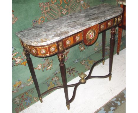 CONSOLE TABLE, Louis XVI style, the marble top on a base with decorative porcelain plaques and gilt metal detail, 96cm W x 31