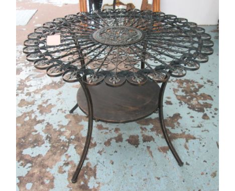GARDEN TABLE, circular metal with a shelf underneath, 100cm diam x 74cm H.