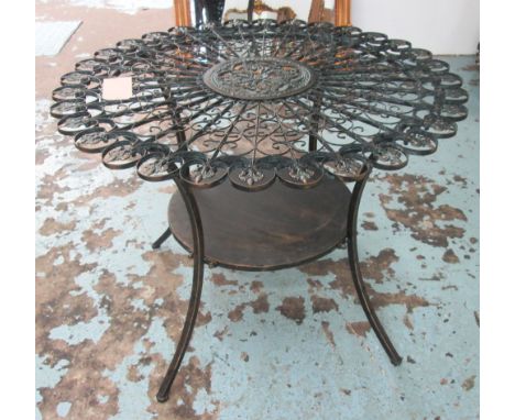 GARDEN TABLE, circular metal with a shelf underneath, 100cm diam x 74cm H.