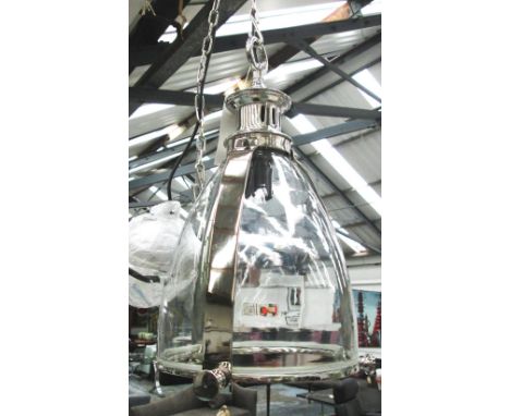 CHANDELIER, with a domed glass shade within a chromed metal frame, 46cm H, plus chain. 