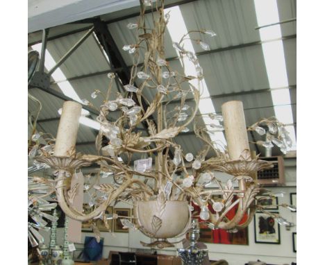 CHANDELIER, five branch, floral with glass drops, 55cm H plus chain.