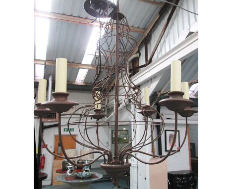 CHANDELIER, six branch in wrought iron, 69cm H plus chain.