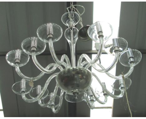 CHANDELIER, twelve branch with glass arms on a chromed metal support, 55cm H plus chain.