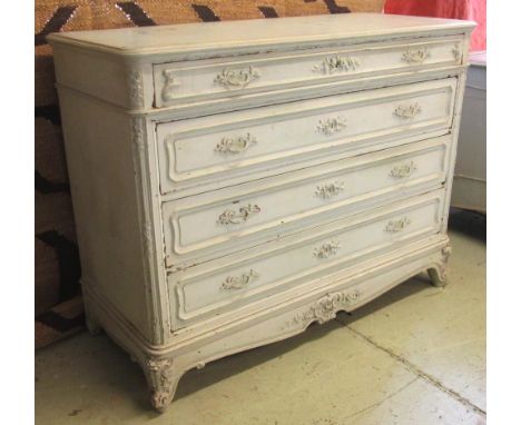 COMMODE, late 19th century French duck egg blue painted with four long drawers below, 127cm W x 99cm H x 55cm D. (with faults