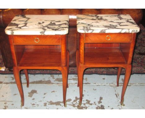 BEDSIDE TABLES, a pair, early 20th century French kingwood and gilt metal mounted each with breche violette marble top, drawe