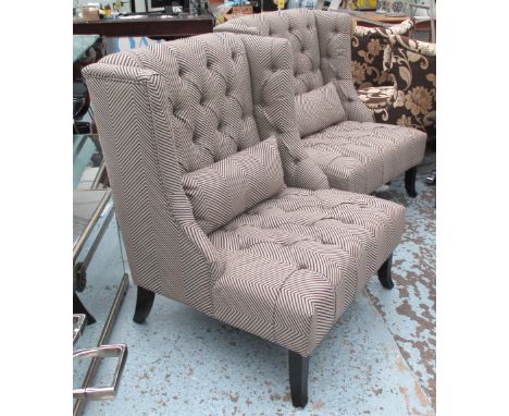 WING ARMCHAIRS, a pair, with buttoned herringbone upholstery and a scatter cushion, 82cm W. (2)