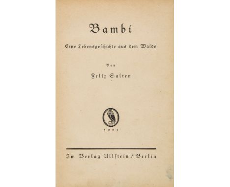 Salten (Felix) - Bambi, Eine Lebensgeschichte aus dem Walde,   first edition ,    contemporary inscription * pre-dating publi