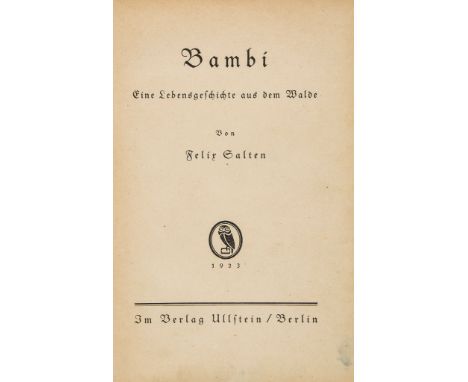 Salten (Felix) - Bambi, Eine Lebensgeschichte aus dem Walde,   first edition ,    contemporary inscription * pre-dating publi