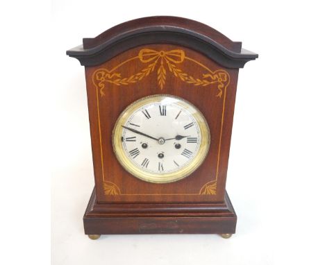 LARGE EDWARDIAN INLAID BRACKET CLOCK
with shaped top, black Roman numerals on silvered dial, Junghans quarter chime movement,