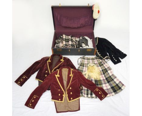 VINTAGE CHILD'S HIGHLAND DANCE OUTFITS
comprising Tam O'Shanter, three velvet jackets, frilled shirt sections, two plaids, ki