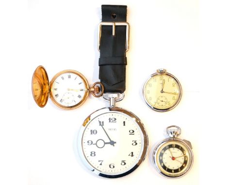 VINTAGE 'SMITHS' GOLIATH POCKET WATCH
with hanging strap, a gold plated pocket watch with top winder, black Roman numerals an