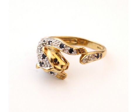 DIAMOND AND SAPPHIRE PANTHER DESIGN RING
on nine carat gold shank, ring size K-L