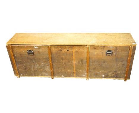 LARGE VINTAGE PINE CHEST
with carrying handles to sides, containing a selection of 'Vitalite' lawn bowls and jacks, 68cm high