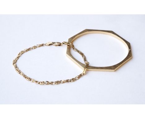 NINE CARAT GOLD FANCY LINK BRACELET
and an unmarked gold octagonal bangle, total weight approximately 8.2 grams