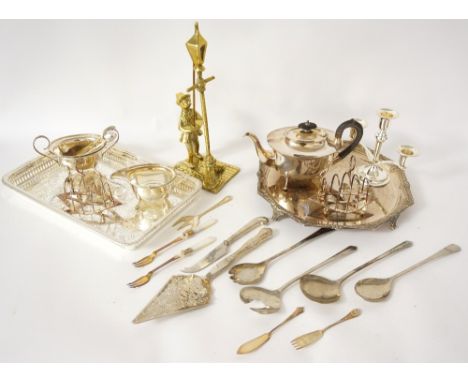 COLLECTION OF SILVER PLATED WARES
including a three-piece tea service, decorative octagonal serving tray, pair of toast racks