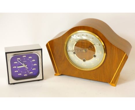 1950's SMITHS MANTEL CLOCK
with shaped case, key and pendulum, and a later 'Coral' alarm clock of Japanese manufacture(2)