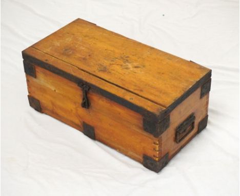 SMALL VINTAGE METAL BOUND PINE TOOL CHEST
with handles, 62cm wide