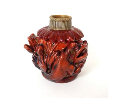 RARE ZSOLNAY RED EOSIN ZOOMORPHIC FROG INCENSE BURNER
decorated in a red iridescent lustre glaze and depicting relief frogs o