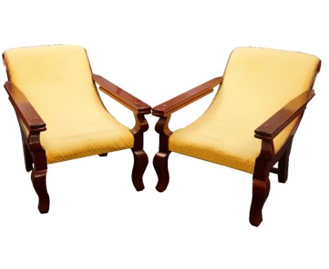 PAIR OF VINTAGE STAINED WOOD COLONIAL CHAIRS
with folding arms, damask jacquard fabric covered shaped seats with studwork edg