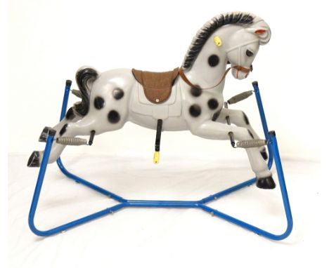 VINTAGE SPRING ROCKING HORSE
with a plastic dapple grey body supported on a steel frame, 85.5cm high  