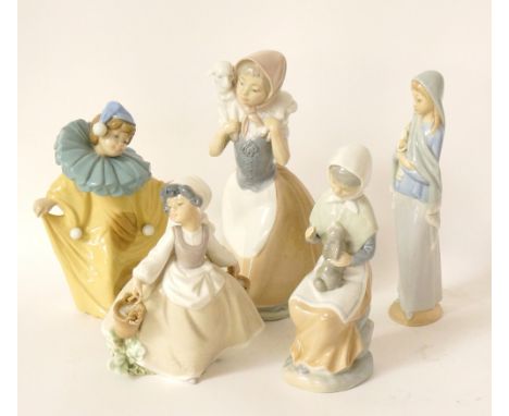 FIVE LLADRO/NAO FIGURES
girl with lamb around her shoulders, girl seated with rabbit on her lap, girl with water pails, girl 