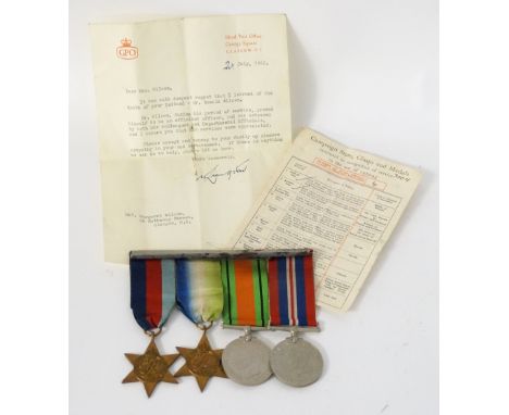 WWII BRITISH MEDAL GROUP
comprising 1939-45 Star; Atlantic Star; Defence and War Medals, bar mounted, with Army Council slip 