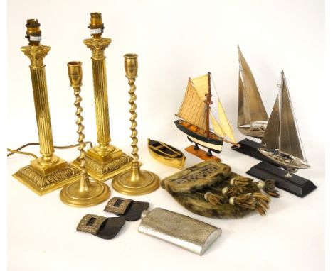 LOT OF COLLECTABLES
including a pair of brass Corinthian column lamp bases, a pair of brass barley twist candle holders, a se