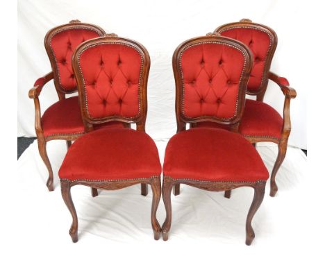 SET OF MAHOGANY FRAME DINING CHAIRS
comprising four single and two carvers with shaped button backs above stuffover seats, st