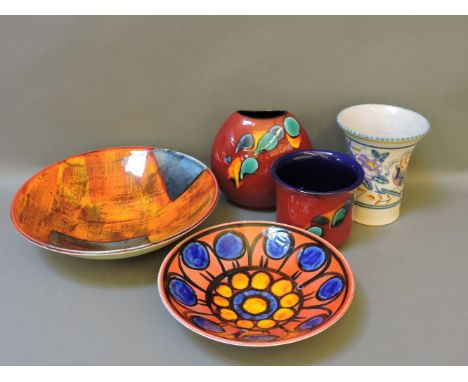 A modern Poole Pottery dish, 'Gemstone' pattern, a 1960s orange Poole Pottery dish with abstract design, two Poole vases, and