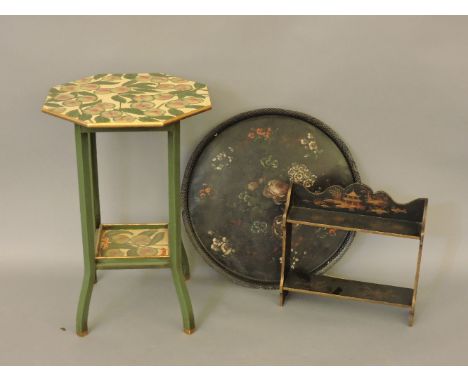 A hand painted occasional table, painted with white nectarines and signed D Gardner, an early 20th century chinoiserie shelf,