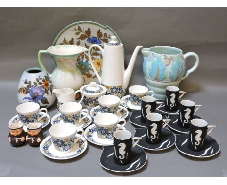 A Royal Tuscan 'Nocturne' pattern coffee service, Clarice Cliff and Beswick jugs, Gouda dish and vase, two Goebel monks, a fu