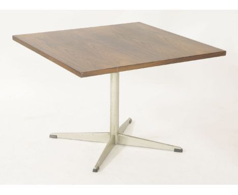 A Danish rosewood lamp table, raised on a chrome tripod stand, branded, 75cm square, 52cm high