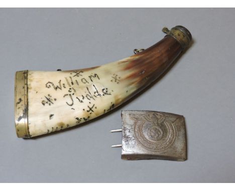 An American horn powder flask, incomplete, inscribed 'William Judge', and a Third Reich buckle