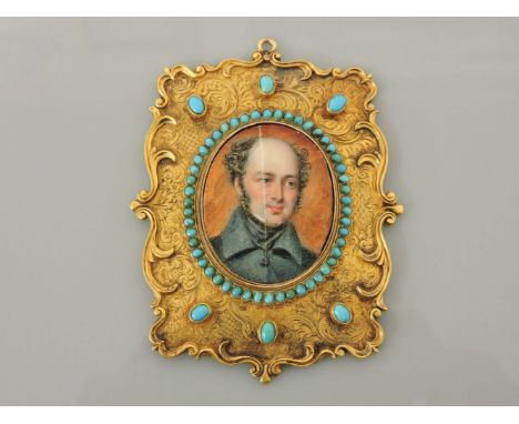 A gold mounted portrait miniature on ivory, circa 1830, with cabochon turquoise border to a hand engraved scrolling ground se