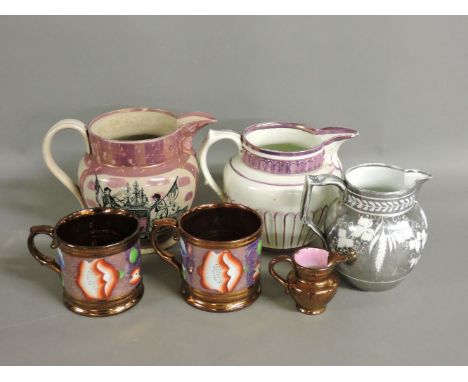 A Sunderland lustre pottery jug, with the Mariner's Arms and verse to the sides, another jug, a silver lustre jug, three copp
