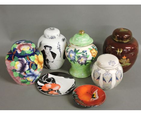 A Carlton Ware ginger jar and cover, two Maling ginger jars, two Poole ginger jars and two small dishes