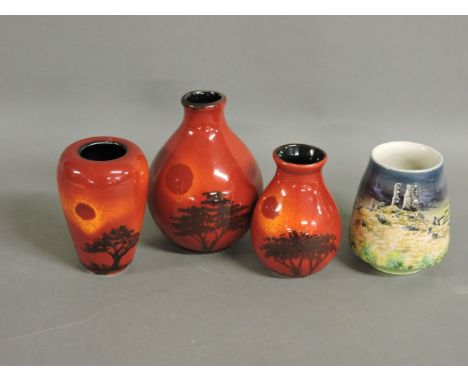 Three Poole Pottery African Sky vases, designed by Alan White, 13.5cm, 10.5cm and 10cm, and a unique studio vase, titled Corf