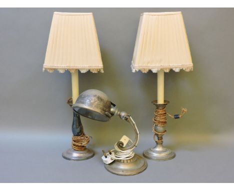 A pair of silver plated candlestick table lamps, and an early 20th century silver plated angle poise desk lamp