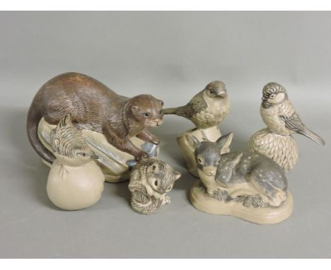 Six Poole Pottery birds and animals, comprising an otter, a fawn, a mouse, a wren, a blue tit, and a robin, designed by Barba
